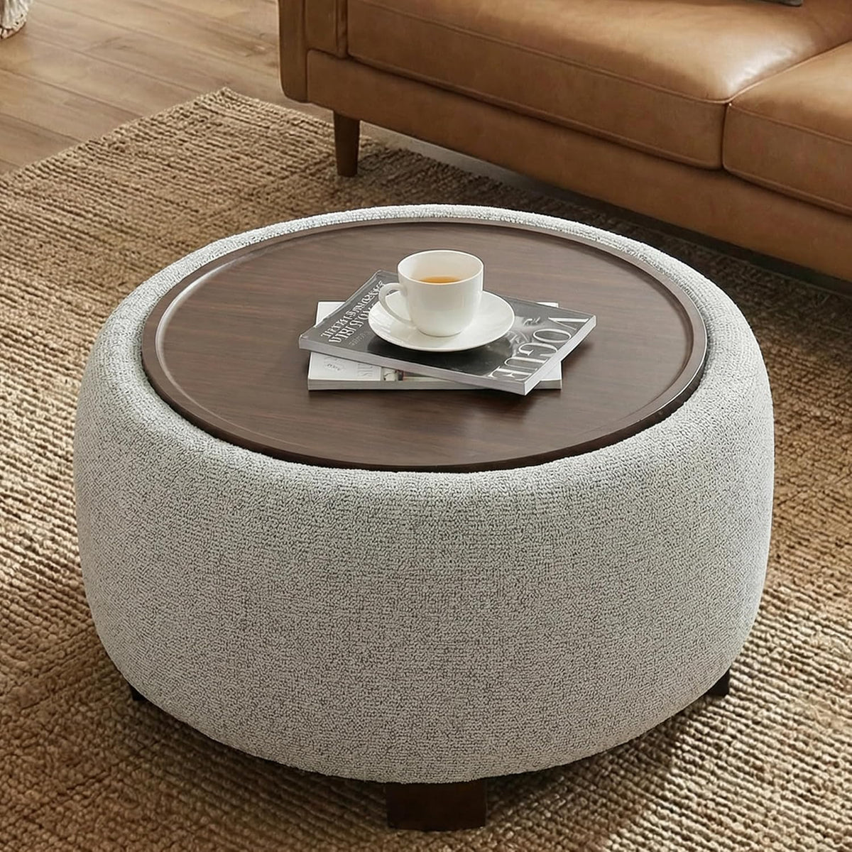 VKNOW 30" Round Storage Ottoman, Ottoman Coffee Table with Removable Wood Top and Solid Wood Legs for Living Room, Bedroom, Apartments (Beige)