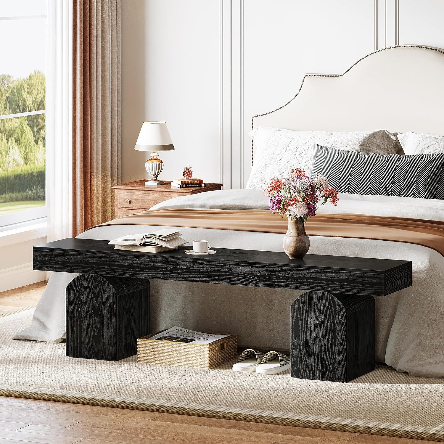 Tribesigns 59" Black Dining Bench for 2 to 3, Modern Dining Table Bench with Arched Base, Extra Long Kitchen Bench Seating for Dining Room, Living Room, Entryway