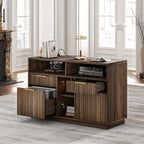 4 Drawer Fluted File Cabinet with Lock for Home Office | Wood Lateral Filing Cabinet for Letter/A4 Files, Charging Station, Open Shelves, Office Storage Cabinet, Black Walnut
