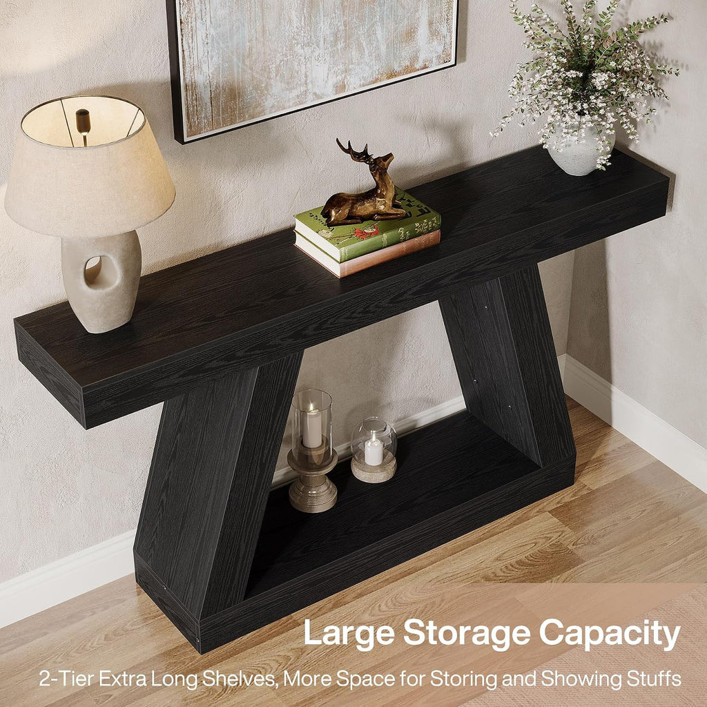 Tribesigns Farmhouse Console Table, 55-Inch Rustic Sofa Table with Storage, Industrial Wooden Entryway Table for Hallway, Living Room, Black & Brown