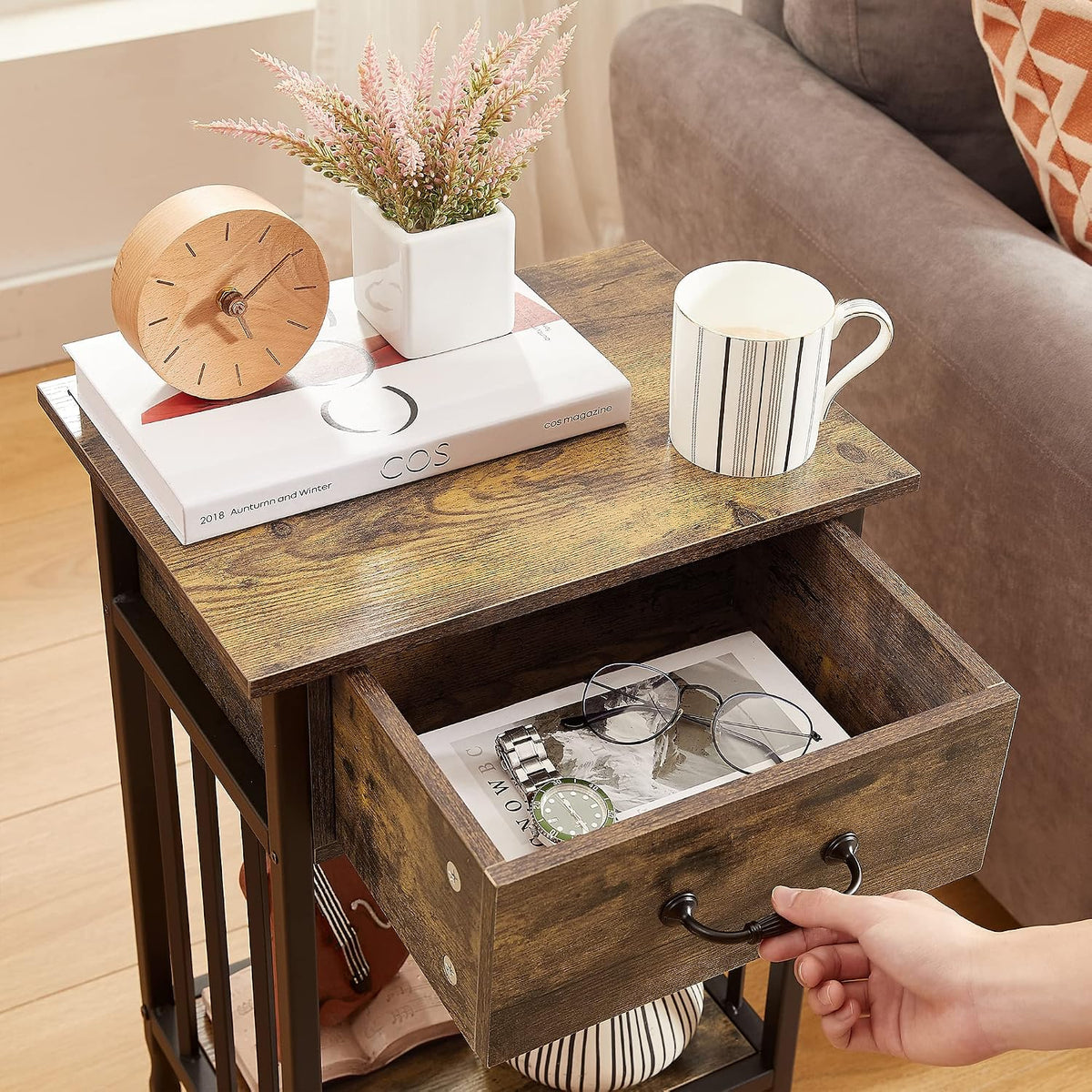 VECELO Nightstands, Industrial Side Table/End Tables with Drawer and Storage Shelf, Night Stands for Bedroom, Living Room, Wood Metal Furniture, Easy Assembly