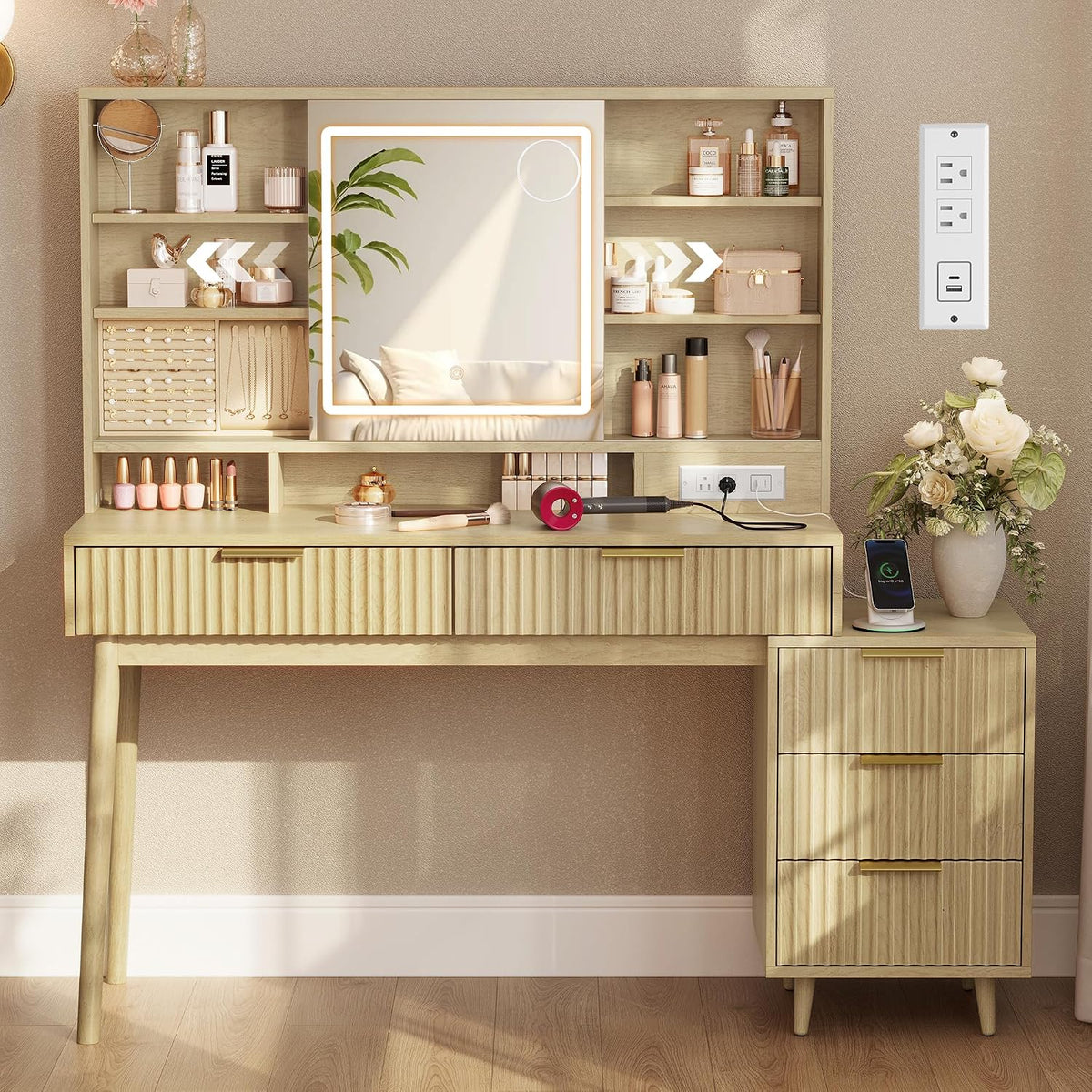 VASAGLE Fluted Vanity Desk with Sliding Mirror and Lights, 5 Drawers | Contemporary Makeup Vanity, Charging Station, Jewelry Storage, Oak Beige, MAXE Collection URDT139YC01S