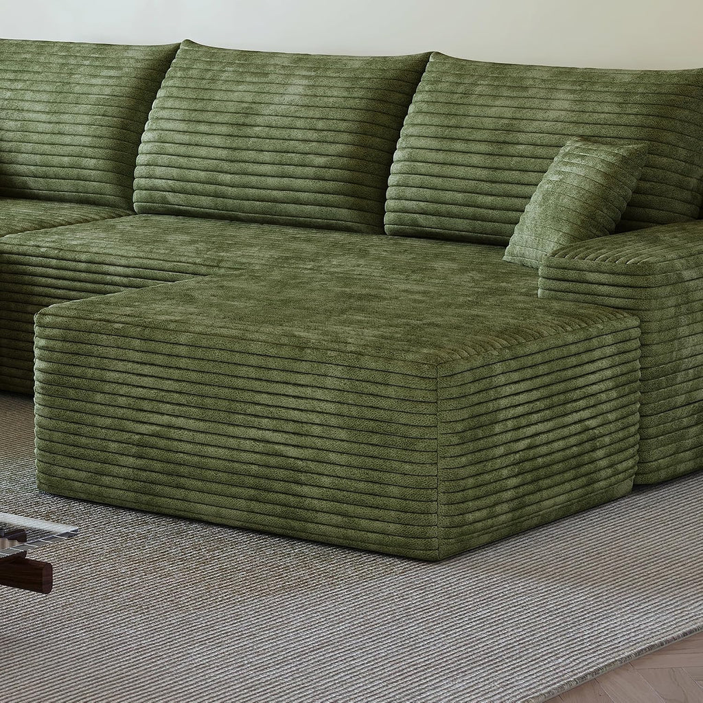 37.4 Inch Oversized Ottoman for Couch, Corduroy Upholstered Footrest with Compressed Memory Foam, Modular Sectional Cloud Pouf, No Assembly Required, DIY Combination, Green