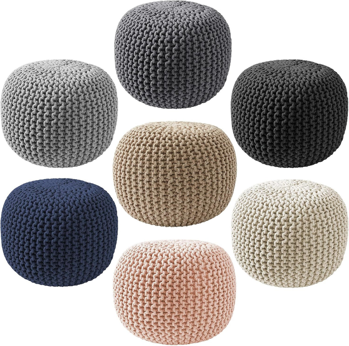 Casafield Round Pouf Ottoman, Light Gray - 20" Diameter x 14.5" High Cotton Knit Foot Stool - Boho Floor Pouffe for Living Room, Bedroom, Home Office