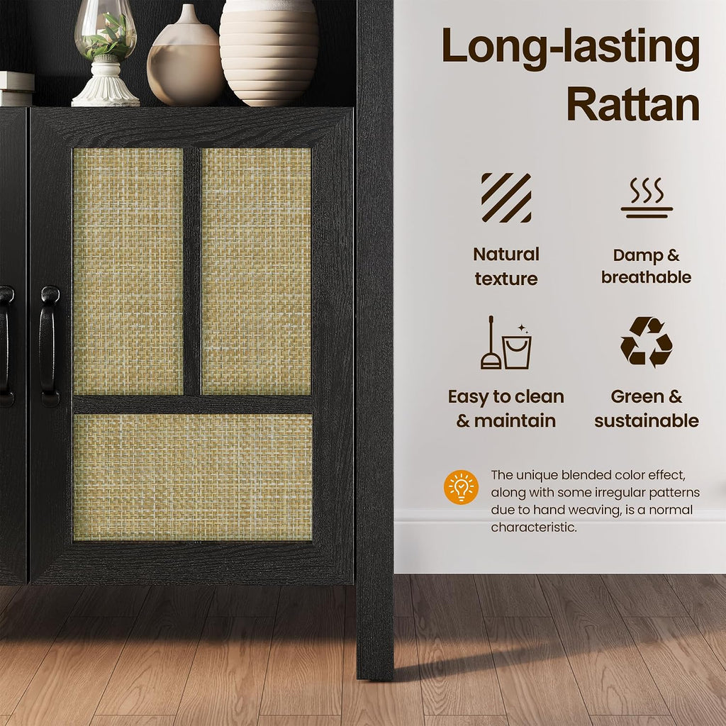 RoyalCraft Tall Arched Storage Cabinet with Rattan Door, 5-Tier Arched Kitchen Pantry with Adjustable Shelves, Black Bookshelf Bookcase Curio Display Cabinet Cupboard for Kitchen, Living Room