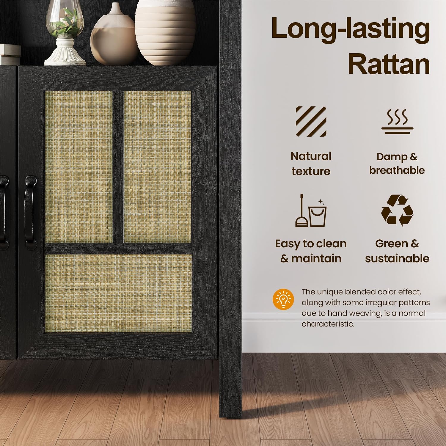 RoyalCraft Tall Arched Storage Cabinet with Rattan Door, 5-Tier Arched Kitchen Pantry with Adjustable Shelves, Black Bookshelf Bookcase Curio Display Cabinet Cupboard for Kitchen, Living Room