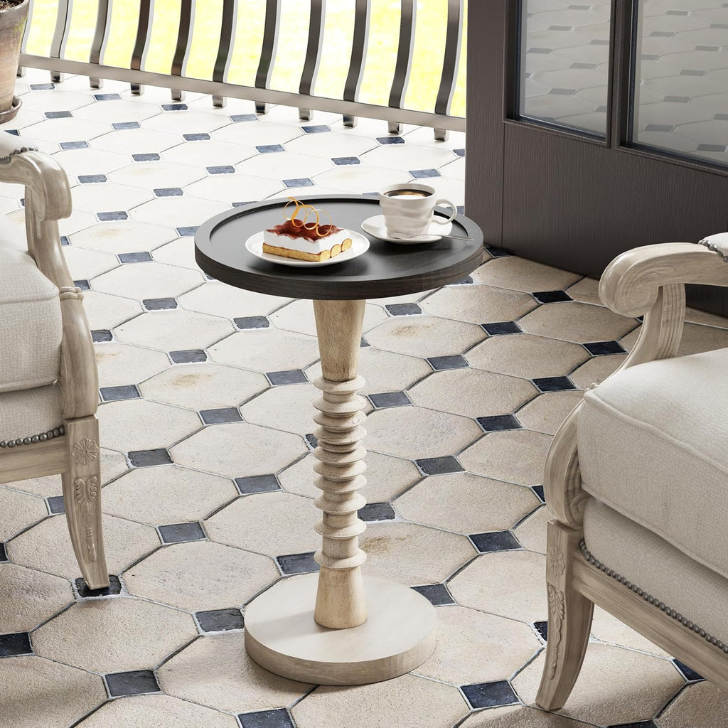 Pedestal Small Drinking Table, Farmhouse Tray Top End Table, Black Top, Distressed Finish, Aging White Frame