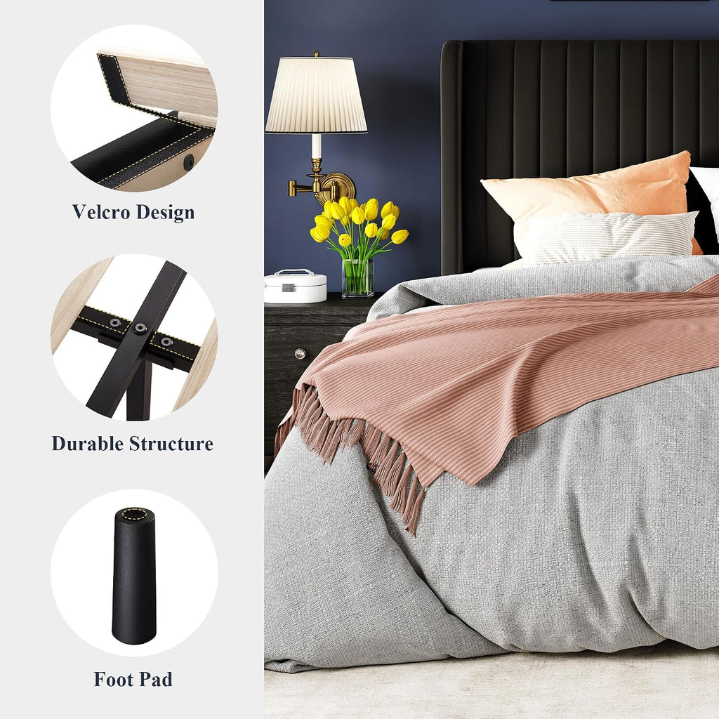 Allewie Queen Size Velvet Bed Frame/Vertical Channel Tufted Wingback Headboard/Upholstered Platform Bed/Strong Wooden Slats/No Box Spring Needed/Easy Assembly/Black