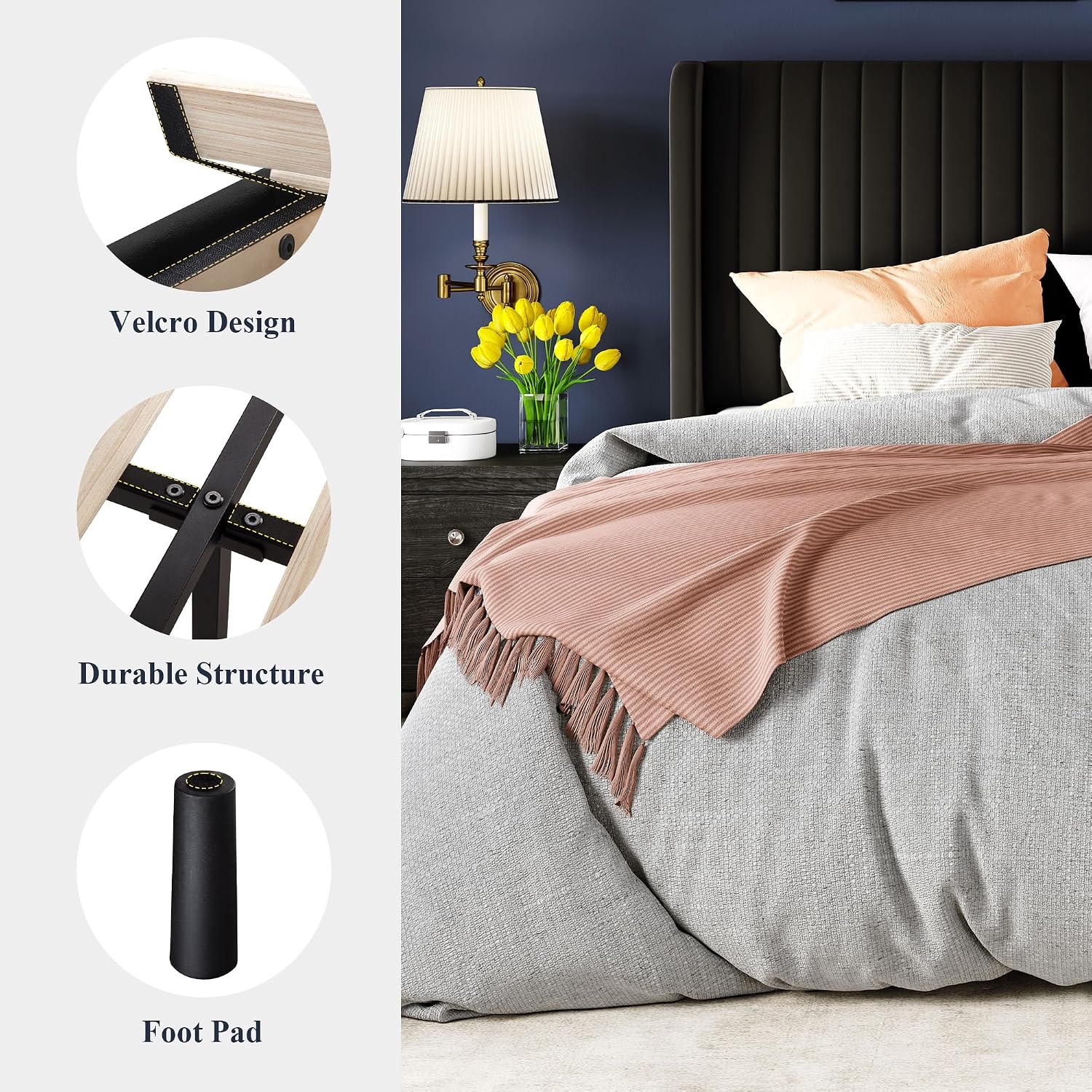 Allewie Queen Size Velvet Bed Frame/Vertical Channel Tufted Wingback Headboard/Upholstered Platform Bed/Strong Wooden Slats/No Box Spring Needed/Easy Assembly/Black