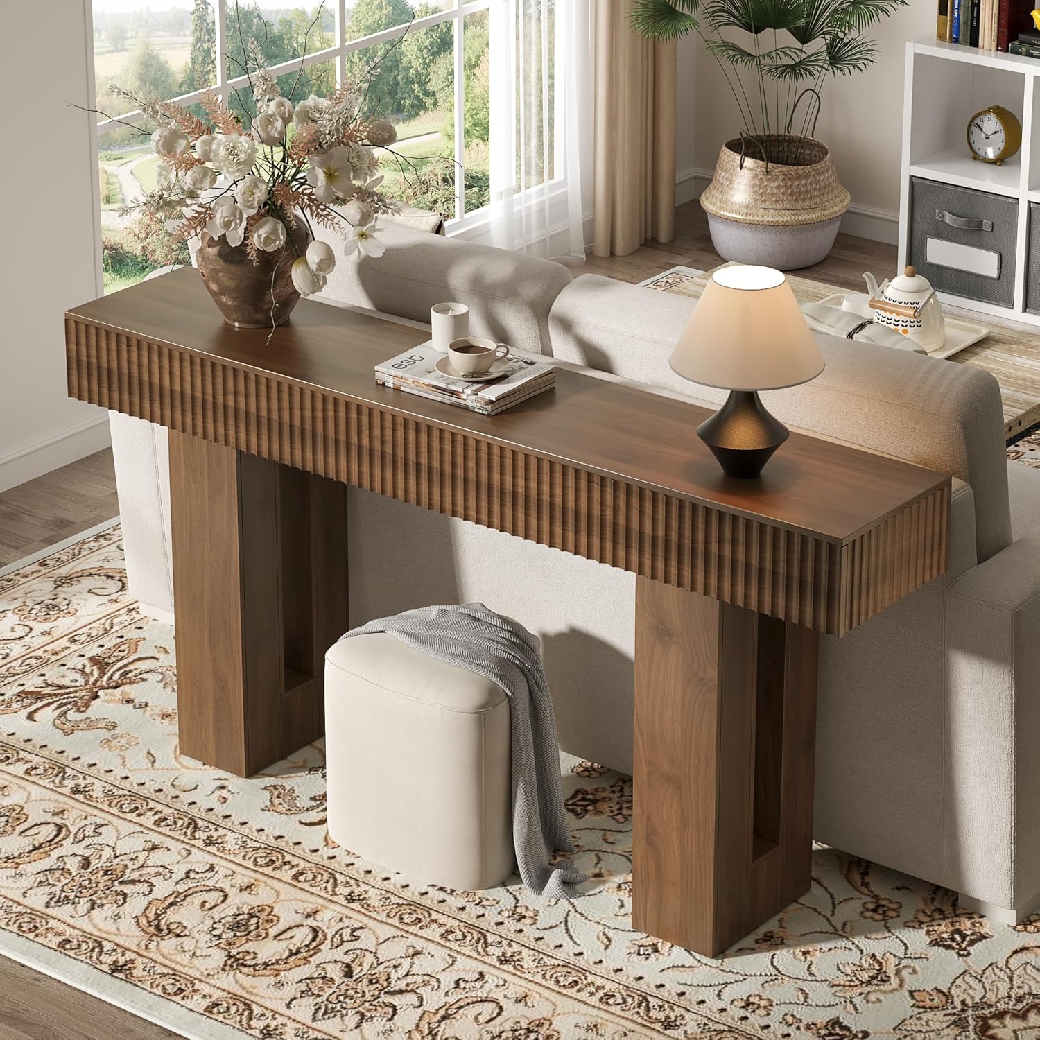 63-Inch Long Entryway Console Table with a Fluted Design, Thick Wood Farmhouse Sofa Table Behind Couch, Narrow Hallway Accent Table for Living Room, Foyer, Entrance,Modern Walnut