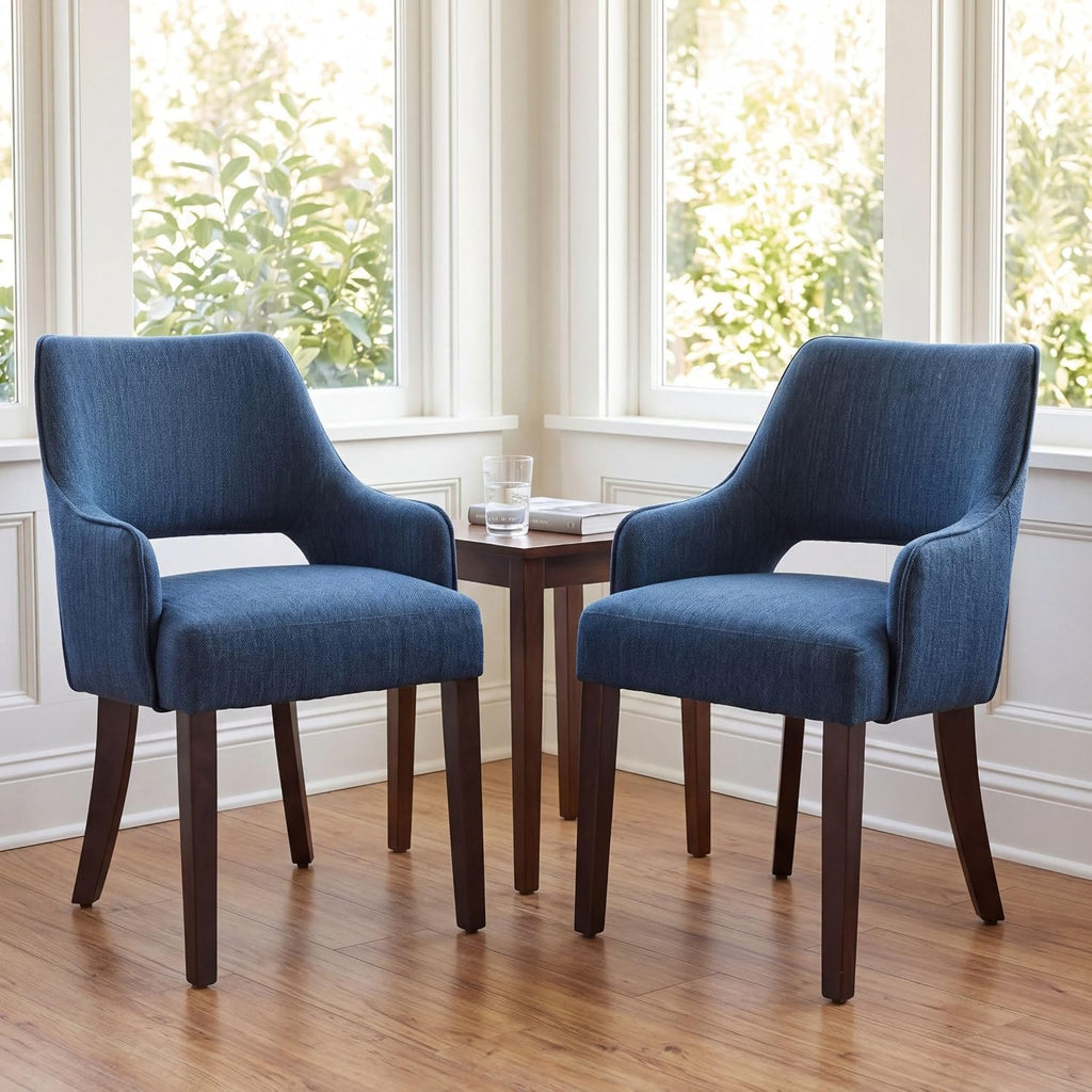 chairus Farmhouse Dining Chairs Set of 2 with Arms, Blue Linen Upholstered Dining Room Chairs, Curved Open Back Kitchen Accent Side Chairs, Blue