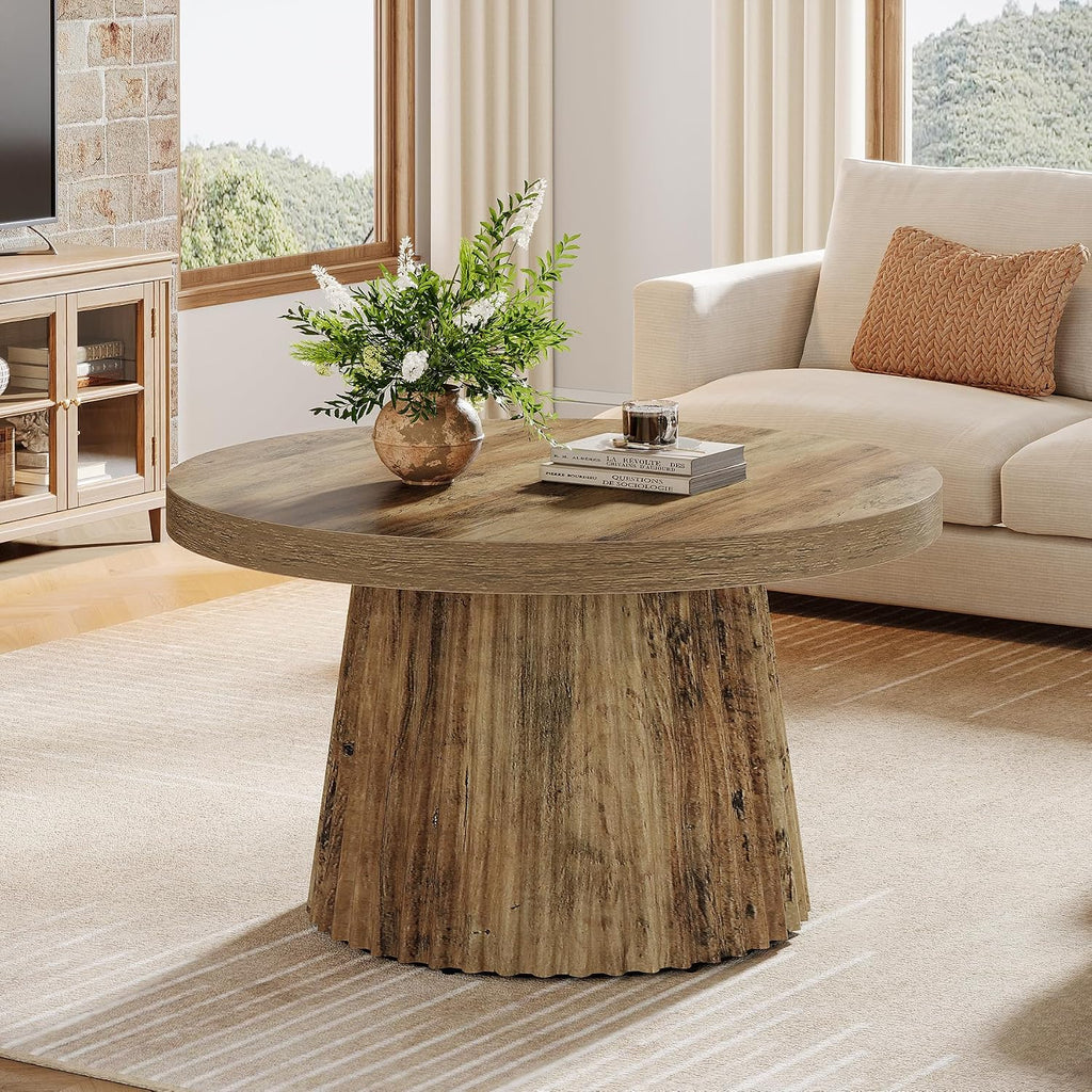 Tribesigns 31.5" Round Coffee Table, Modern Fluted Drum Coffee Tables for Living Room, Wood Farmhouse Boho Accent Pedestal Center Table for Apartment, Small Space, Brown