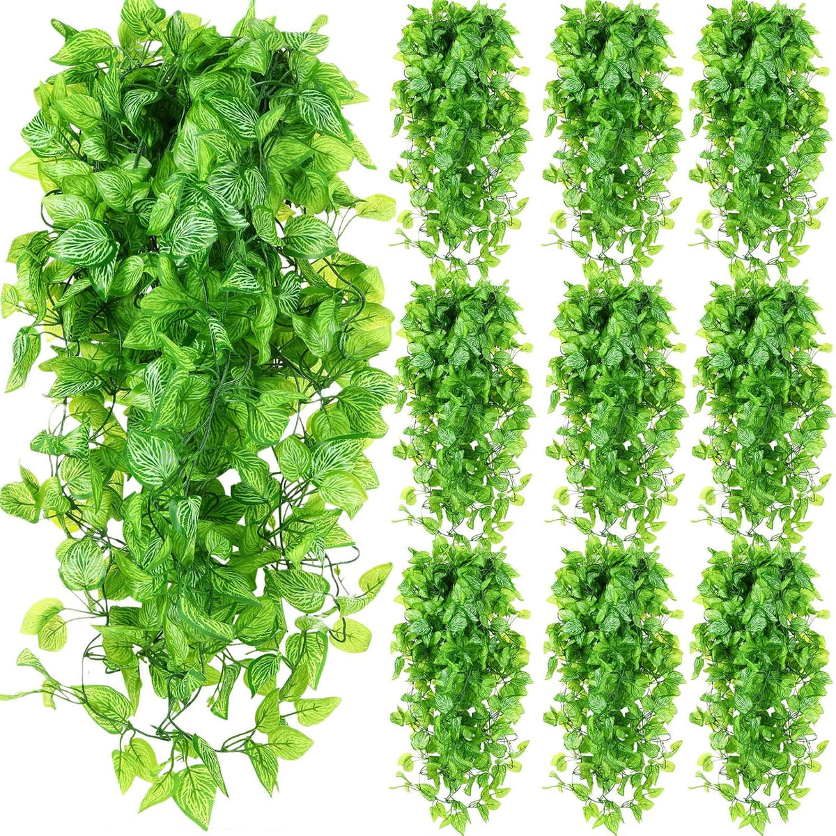 Hoteam 12 Pcs Artificial Hanging Plants 32 Inch Fake Ivy Vines with Fake Leaves Patio Artificial Plants Greenery for Living Room Indoor Outdoor Wall, No Basket (Marble Queen Pothos)