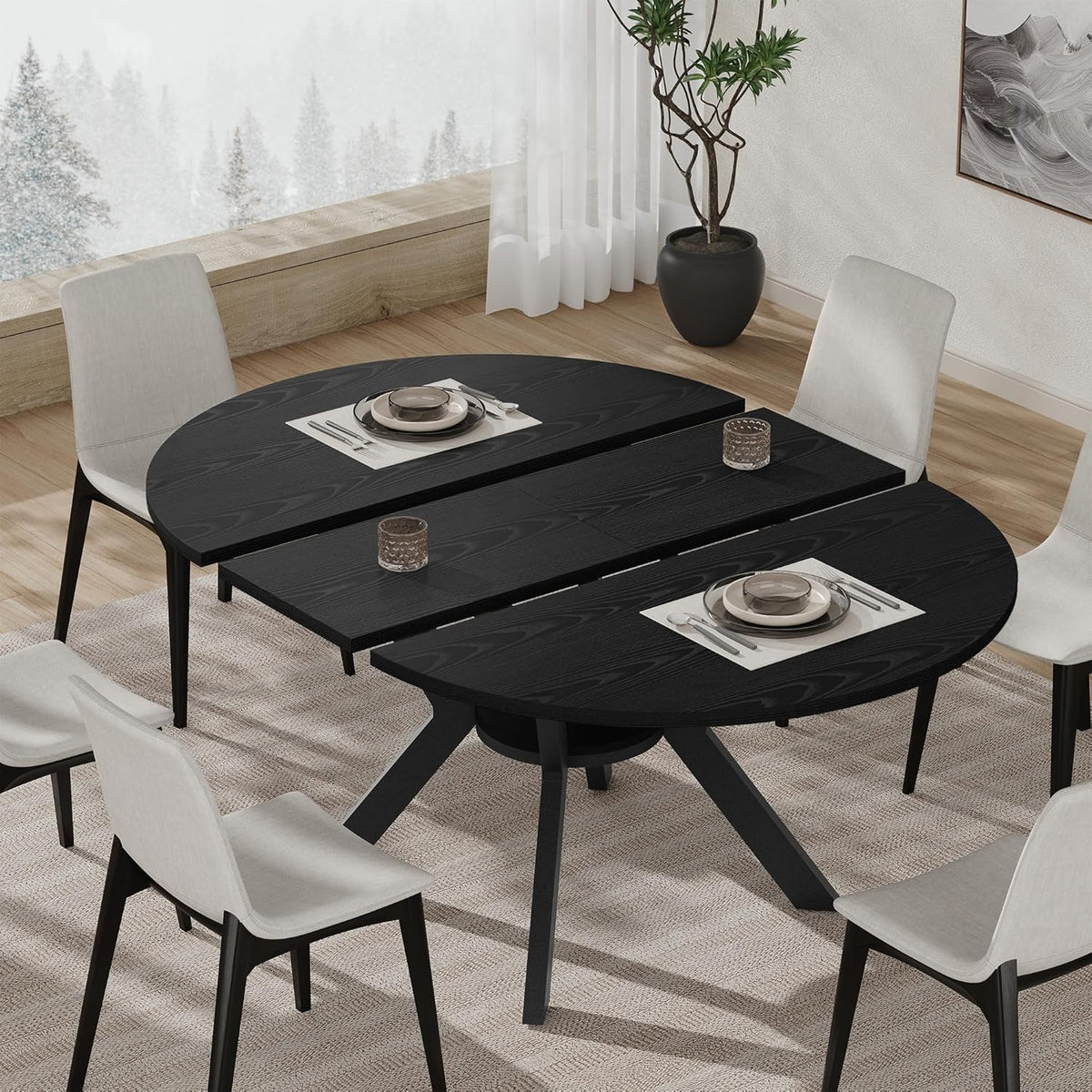 42"-58" Extendable Round Dining Table with Built-in Flip Leaf, Modern Oval Kitchen Table for 4-6, Space-Saving Small Room Furniture with Storage Shelf and X-Shaped Metal Base for Kitchen, Dining Room