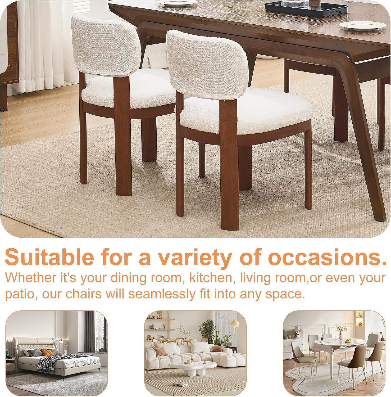 Dining Chairs Set of 2, Teddy Teddy Upholstered Kitchen Chairs with Curved Backrest and Solid Wood Legs, Farmhouse Side Chairs for Restaurant Cafe Living Room (White+Brown Legs)