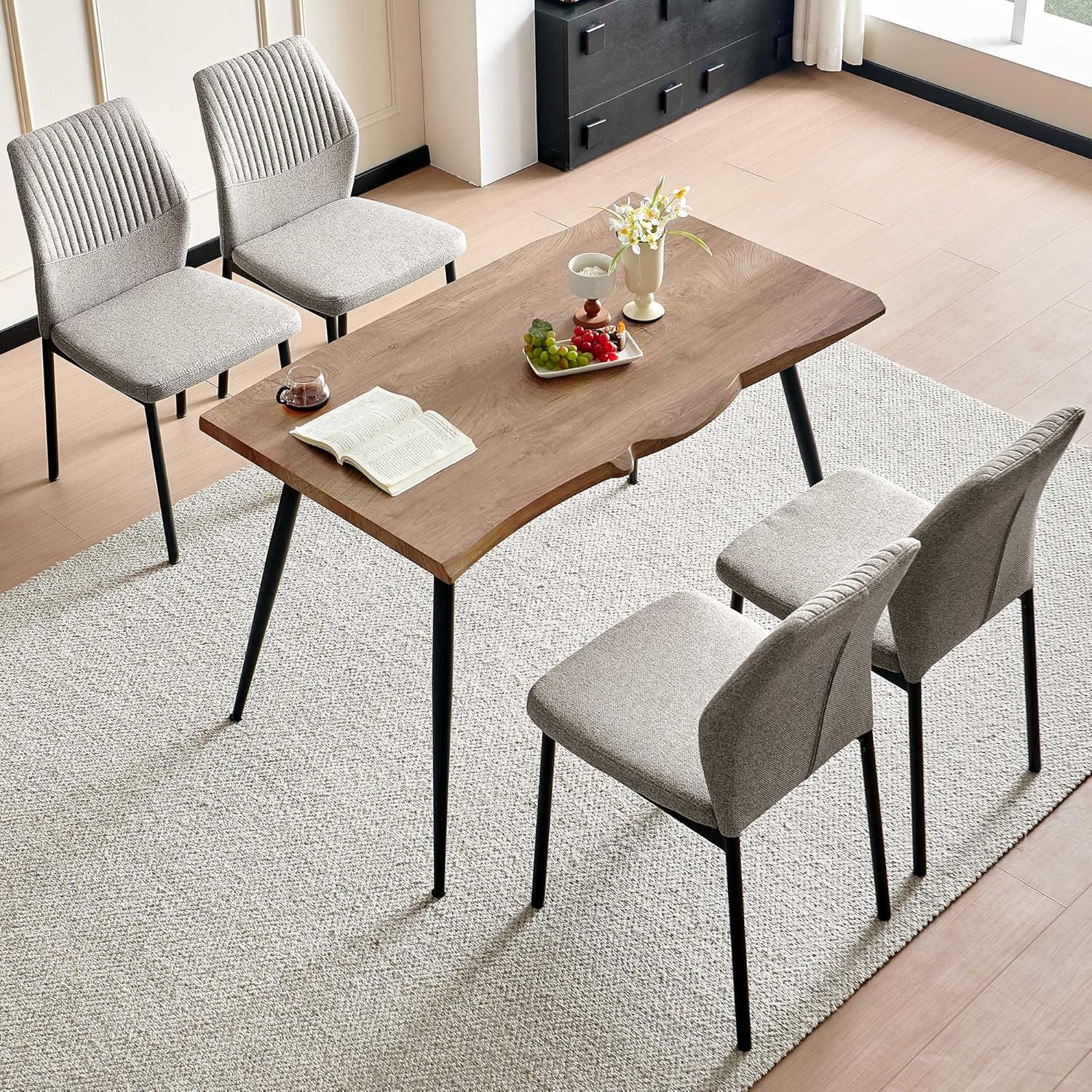 Dining Table Set for 4, Rectangle Dining Room Table Set for Small Spaces, Wood Kitchen Table and Chairs Set, Upholstered Table Chair Set, Light Brown