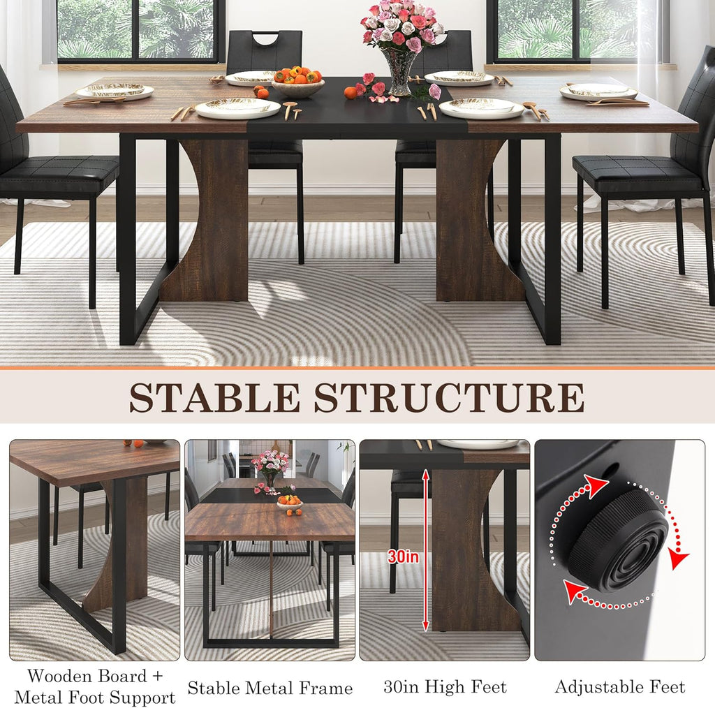 70IN Large Dining Table for 4 5 6 People,Farmhouse Kitchen Dinner Table W/Brown Wood Waterpoof Tabletop,Rectangular Family 6FT Dining Tables w/Adjustable Leg for Office Home Living Dining Room