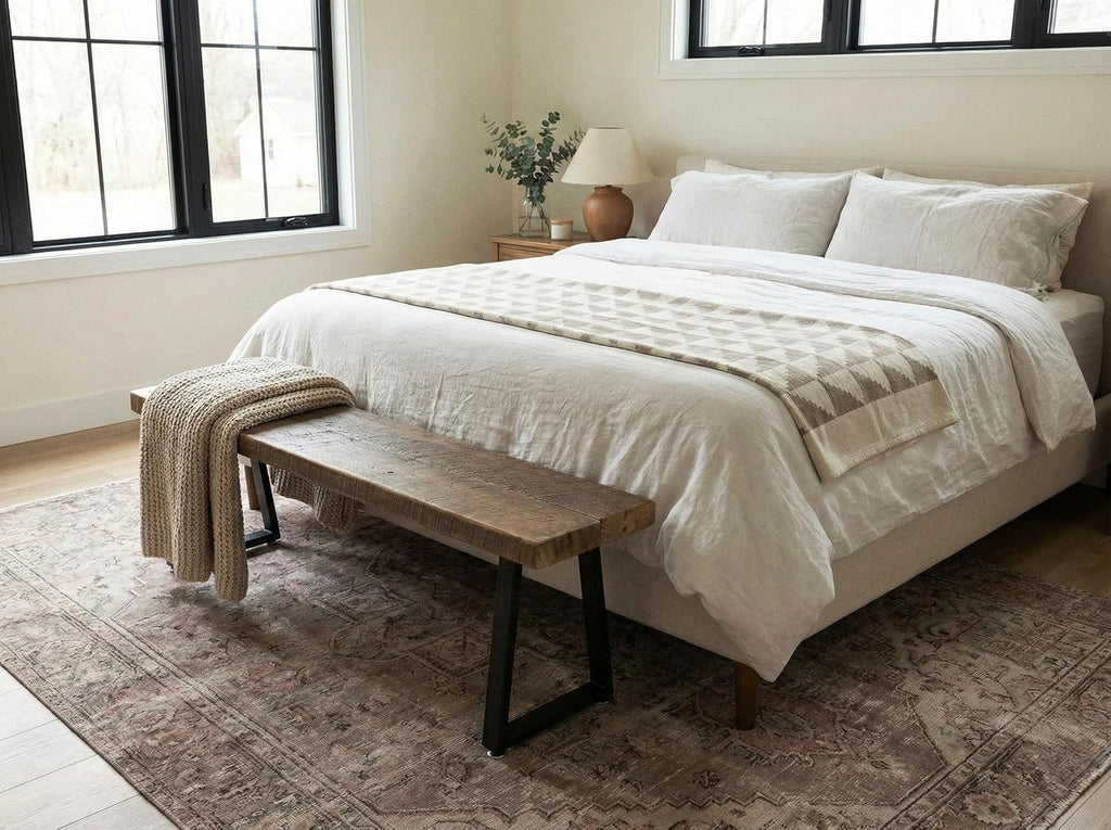 Rustic Revival Reclaimed Barnwood Bench, Solid Wood with Metal Base, Modern Farmhouse Style, 2-Inch Thick Top, for Entryway, Bedroom, Living Room (48x12)
