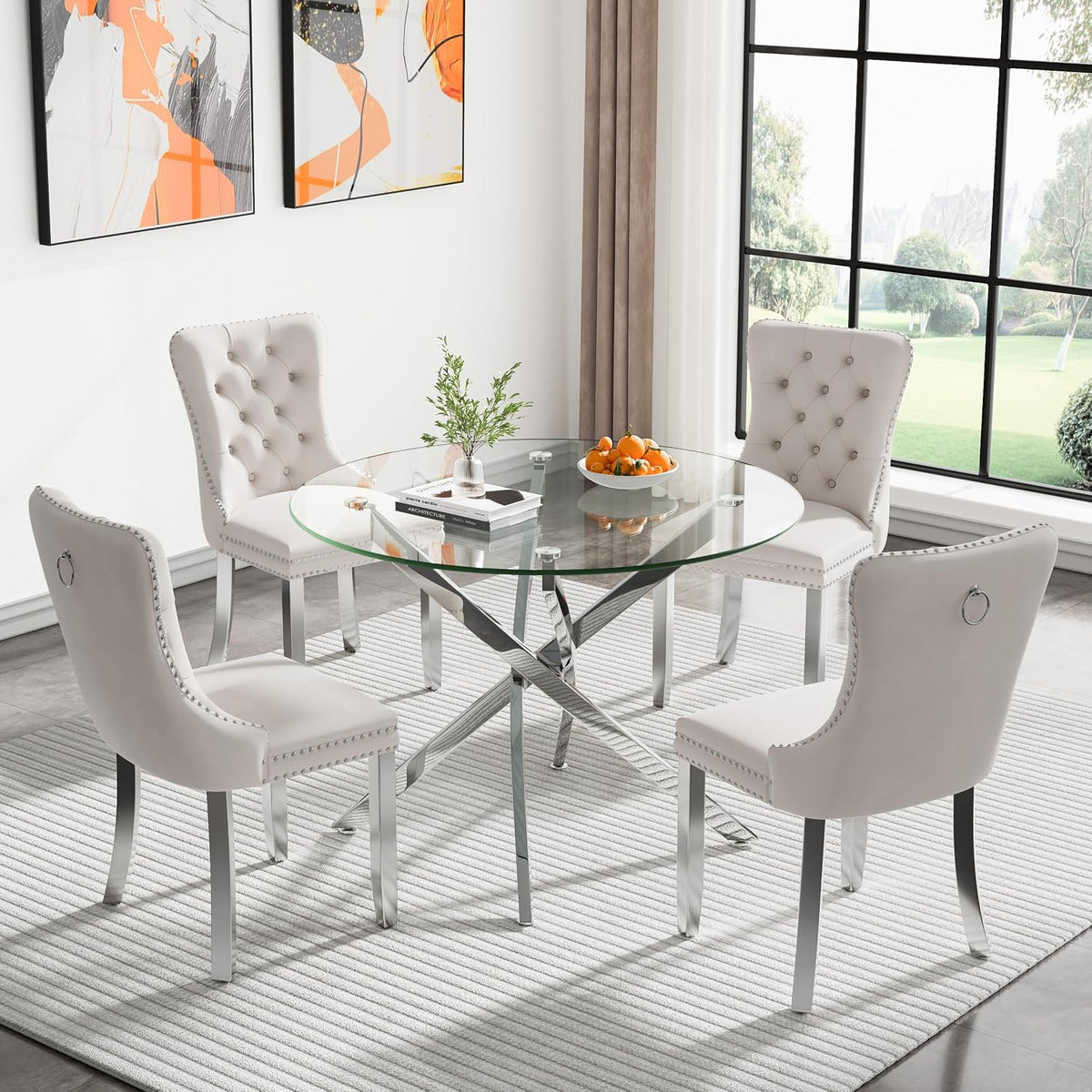 Glass Dining Table Set for 4, Modern 36" Round Kitchen Table with 4 Velvet Dining Chairs and Silver Cross Metal Legs, Modern Circle Dinner Table Set, 5 Piece Dining Set for Kitchen