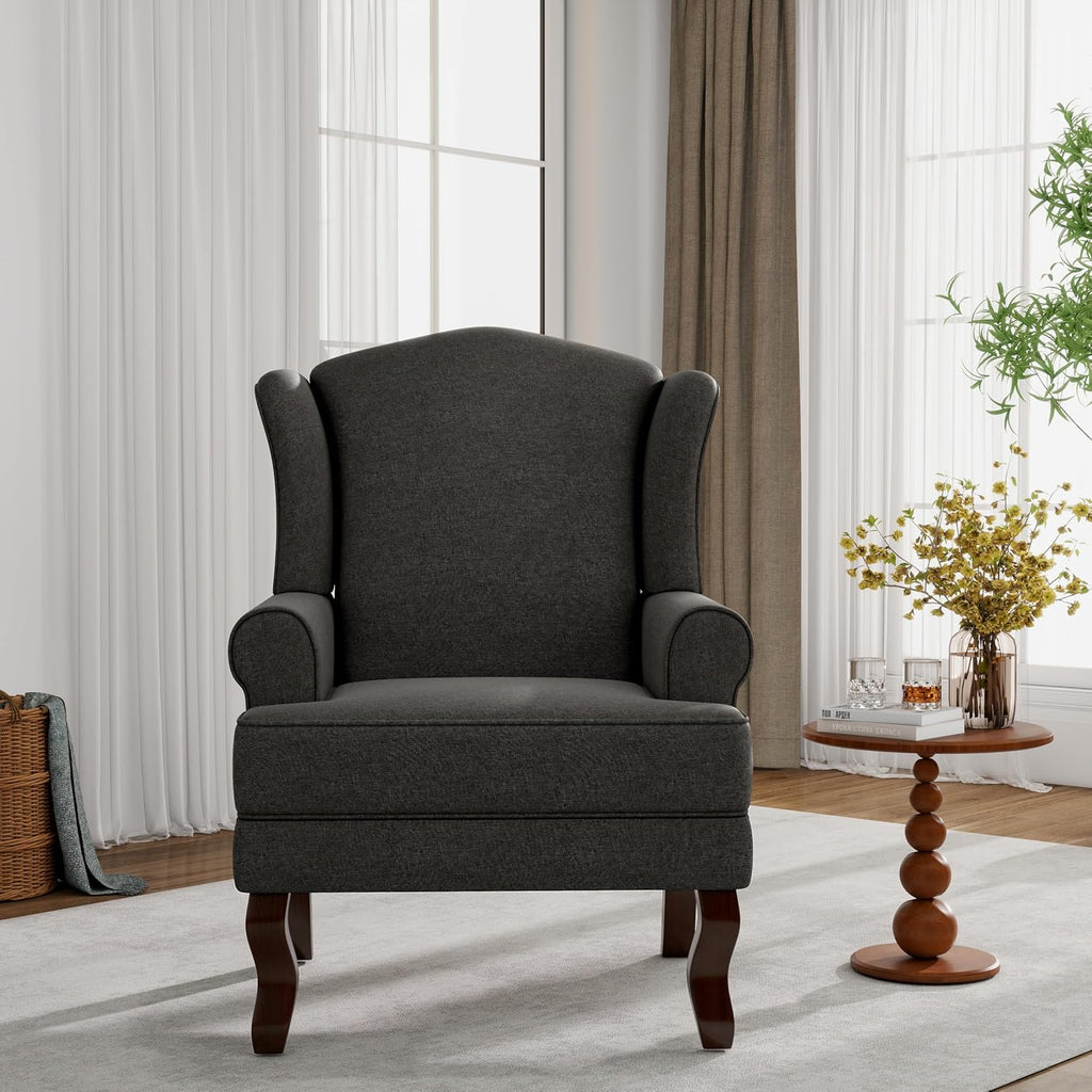 Lumibee High Back Accent Chair, Comfy Armchair with Solid Wood Legs for Living Room, Upholstered Accent Chair for Small Space, Single Sofa Reading Chairs for Office-Dark Gray