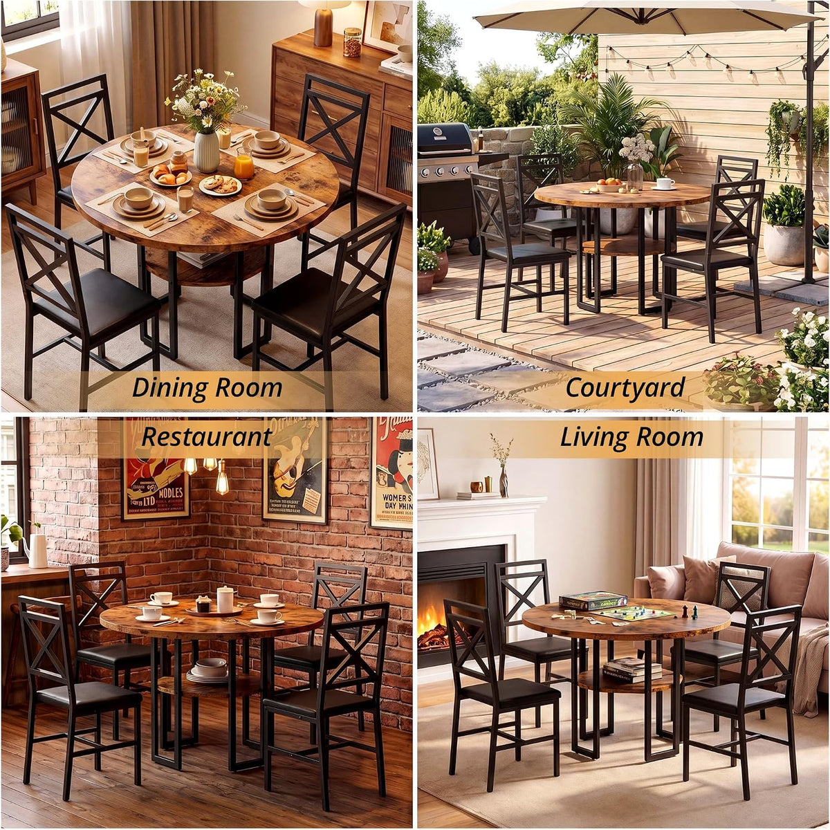 IRONCK Dining Table Set for 4, Round Dining Table and Chairs, Kitchen Table and Chairs for 4, 47 inch Cirecle Dining Room Table with 4 Chairs for Small Space