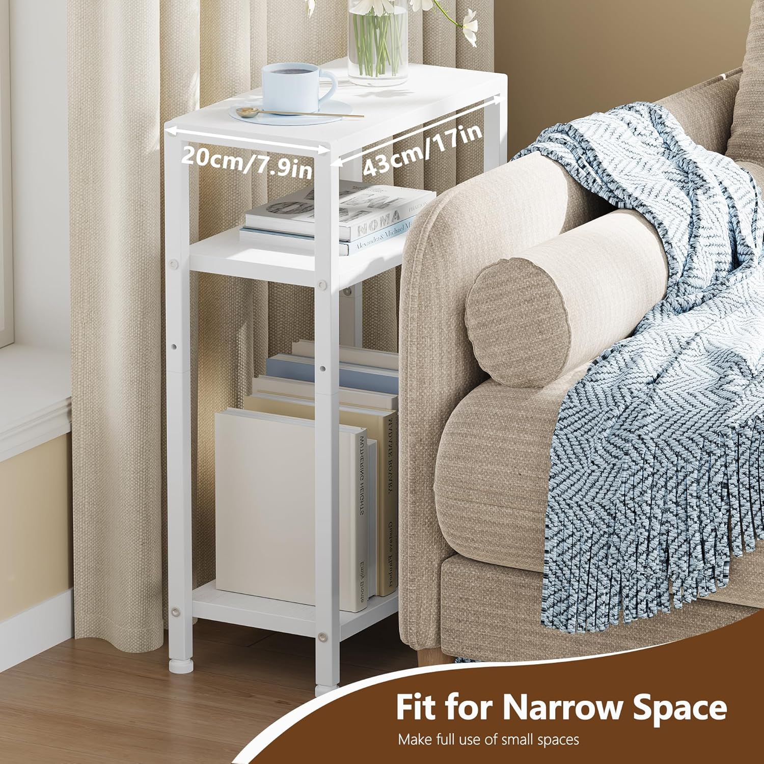 Heybly Small Narrow Side Table for Small Space, Thin Bedside Table, Skinny End Table, Slim Sofa Table, 26.4" Tall Nightstand, Couch Table for Living Room, Bedroom, Study, Balcony, White, HET006WT1