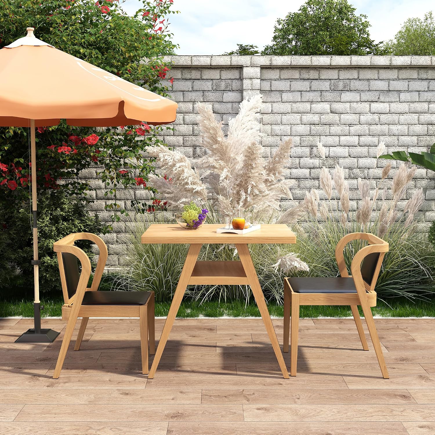 PADMA HOUSE Bistro Stacking Table Chair Set of 3, Wood Leather Dining Set | Black Kitchen Desk Chairs Set, Small Dining Table&Chair Set, Nesting Table Chair Set for Tavern Balcony Dining Indoor Patio