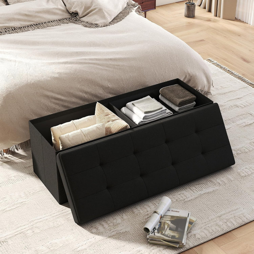 Ottoman with Storage,Black | Folding Storage Ottoman Bench for Living Room and Bedroom,Rectangle Foot Rest Stools Holds up to 660 lbs