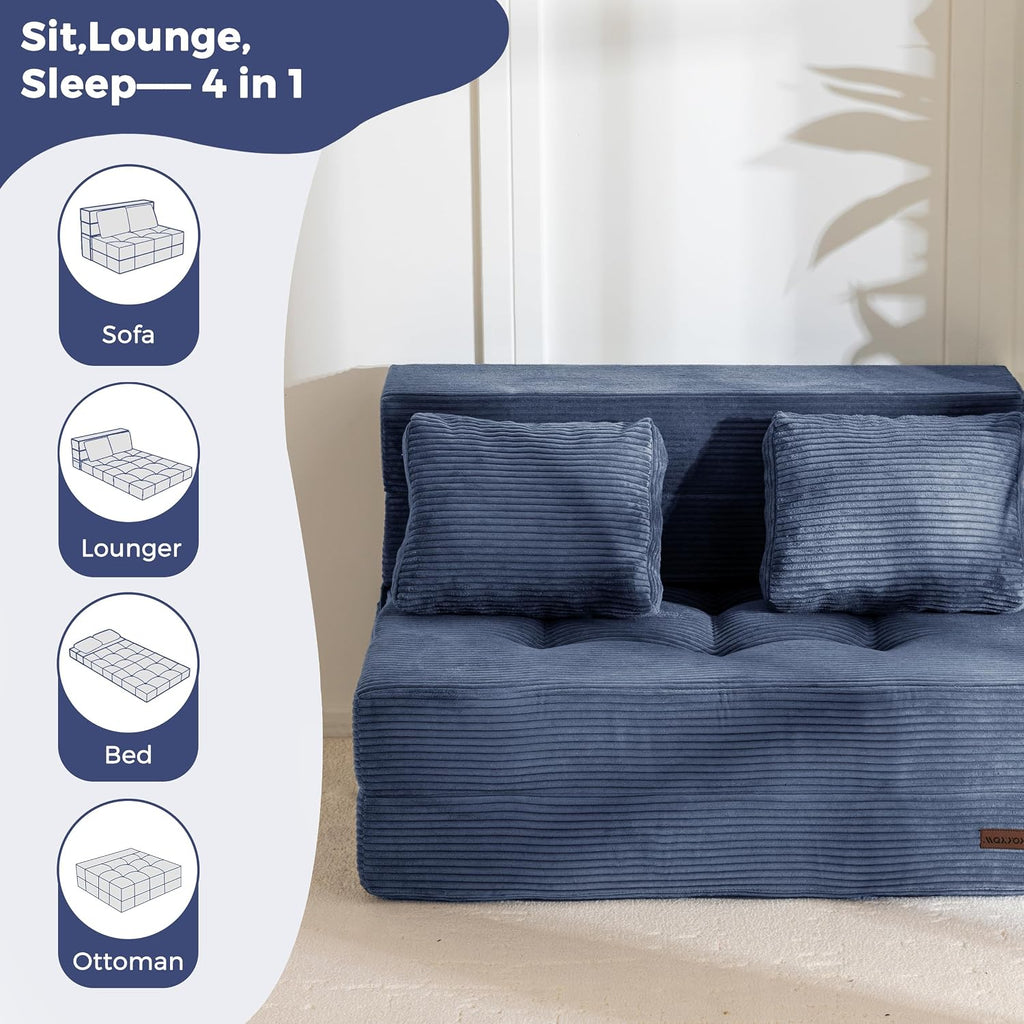 MAXYOYO Convertible Sofa Bed, Fold Out Sofa Couch with Pillow for Adults | Loveseat Sofa 4 in 1 Tufted Folding Couch Bed Foam Floor Couch, Lazy Chair for Living Room Bedroom Guest Room, Dusty Blue