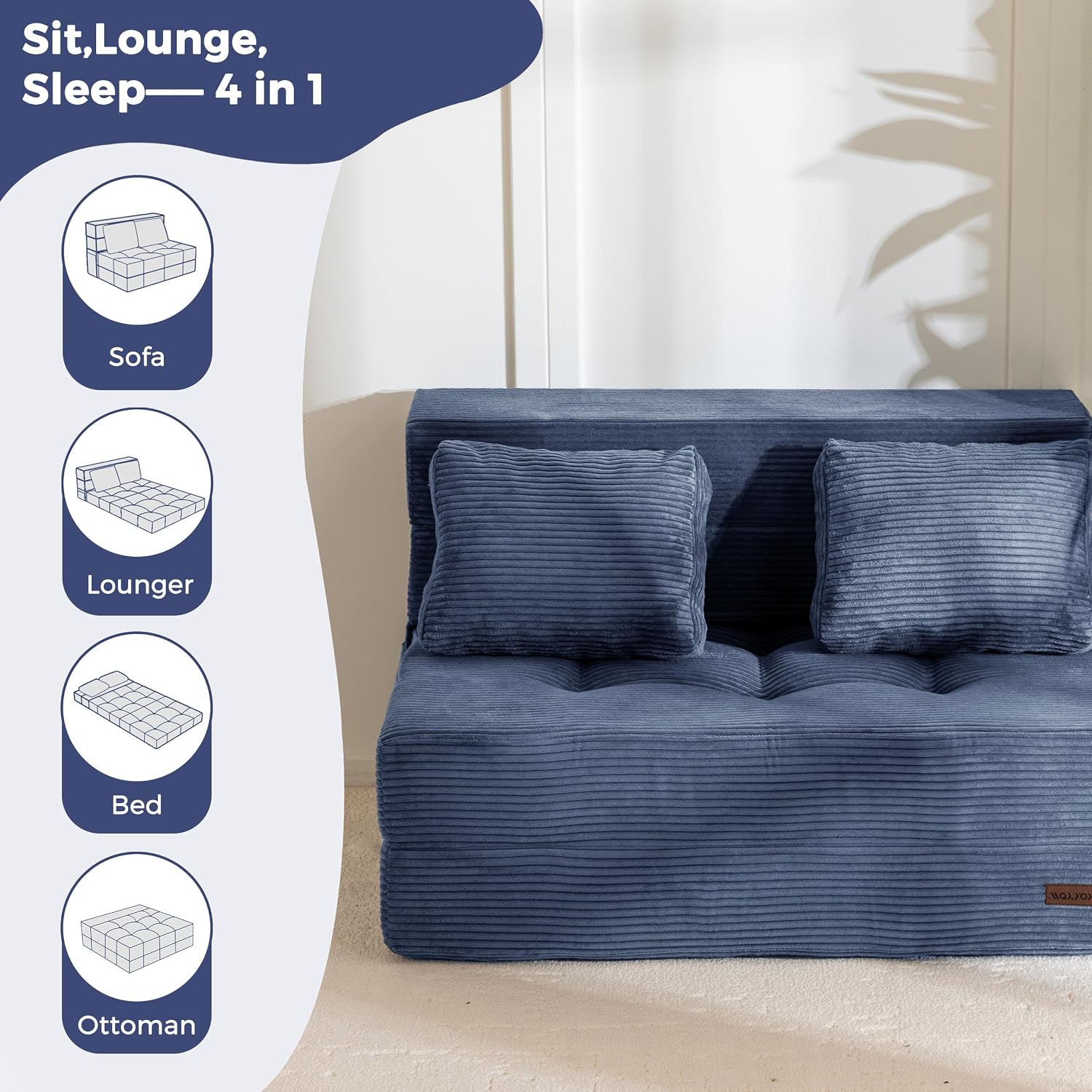 MAXYOYO Convertible Sofa Bed, Fold Out Sofa Couch with Pillow for Adults | Loveseat Sofa 4 in 1 Tufted Folding Couch Bed Foam Floor Couch, Lazy Chair for Living Room Bedroom Guest Room, Dusty Blue