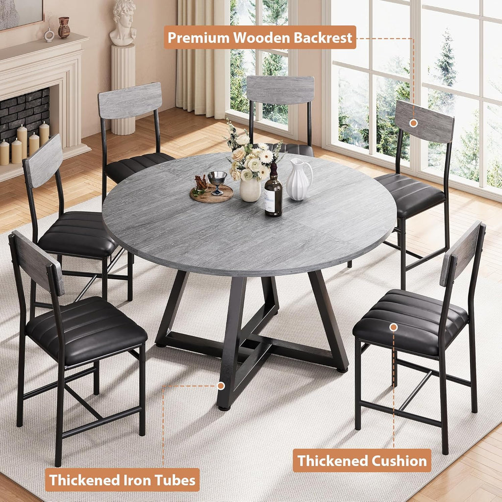 Round Dining Table Set for 6, Kitchen Table and Chairs for 6, Circle Table Round Pedestal Dining Room Dinner Dinette Table Set,7 Piece Space Saving Wood Kitchen & Dining Room Tables (Grey, 51In)