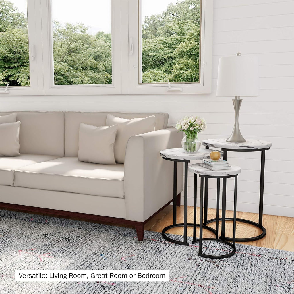 Lavish Home Round Nesting Tables Set of 3, Faux Marble Tabletop, White | 25”H / 22.5”H / 20.25”H Modern Side Tables, Space Saving Accent Table Set, for Living Room, Bedroom, Dorm or Home Office