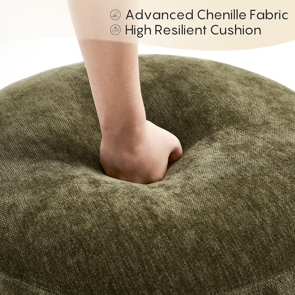 Flouki Pouf Ottoman Footrest, Foot Stools, Modern Round Upholstered Ottomans, Ottomans Pouffe, for Living Room, Bedroom, Entryway, Dorm, Selected Chenille Fabric, Green