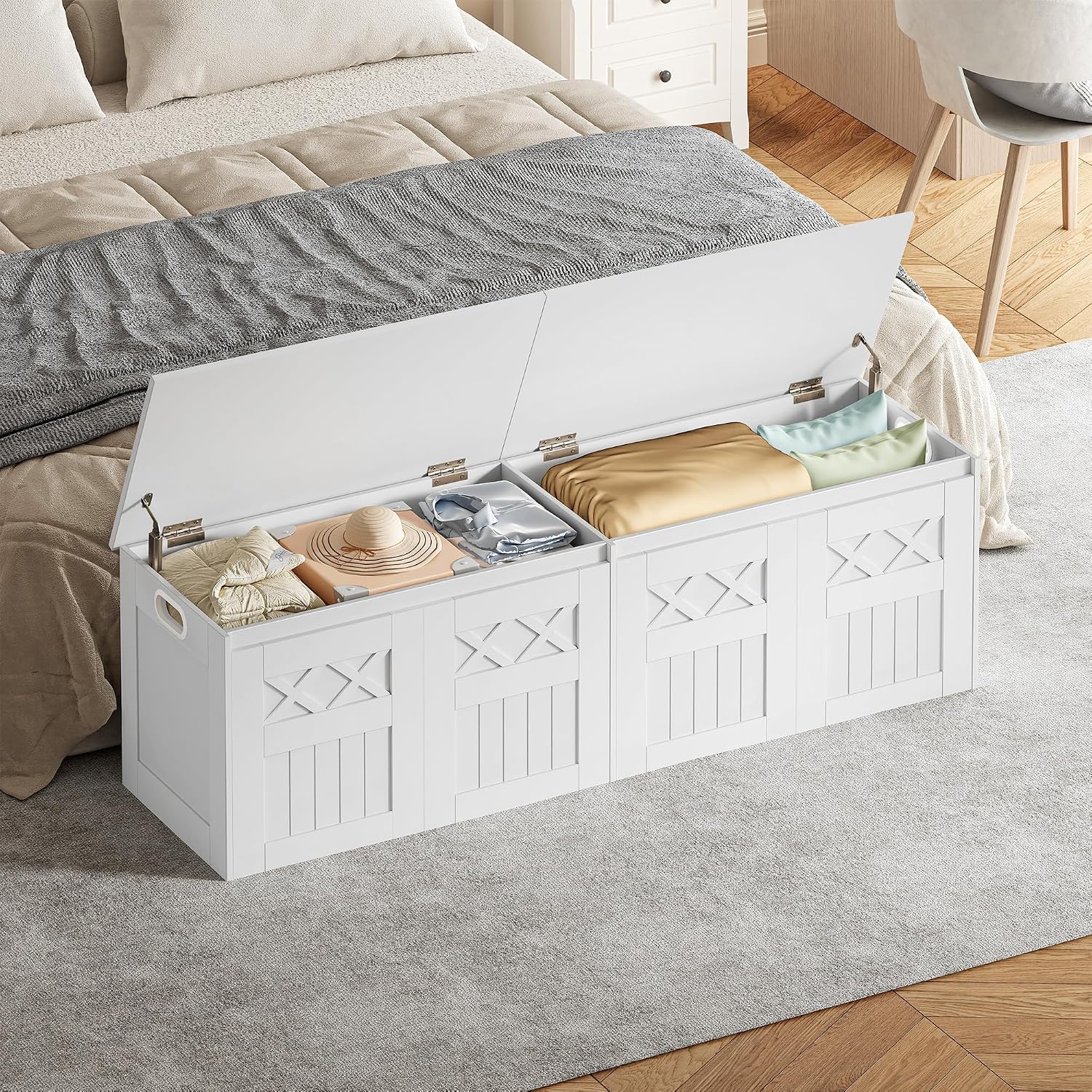Hzuaneri 59" Modern Farmhouse Storage Chest and Bench | 70 Gal | 330lb Seat | Soft-Close Hinges | Pure White | Shoe and Blanket Storage for Bedroom, Living Room, Entryway | SB51503X