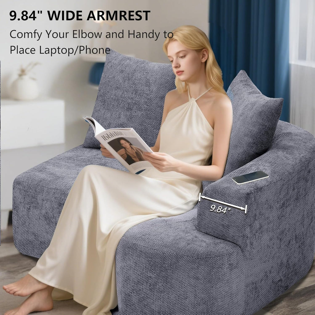 L Shaped Single Sofa, Modern Comfy Chenille Fabric Loveseat Couch, No Assembly Required Small Couch with Deep Seat, 2 Pillows for Living Room, Apartment, Bedroom