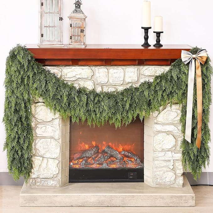 Real Touch Cedar Garland - Artificial Christmas Garlands Faux Green Cedar Fake Pine Needles Garland for Fireplace,Table, Stairs, Mantle, Window,Indoor Outdoor,Home,Holiday Decor(1 PCS,9 FT)