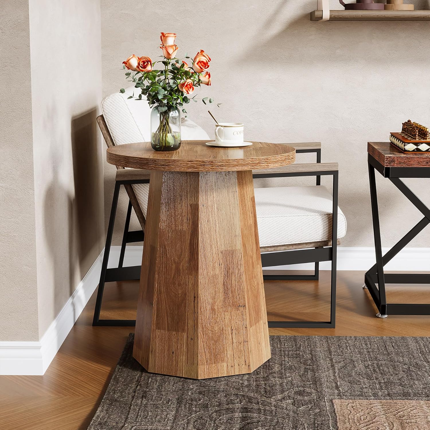 Tribesigns Round Pedestal End Table, Farmhouse Couch Side Table with Octagonal Base, Wooden Drink Stand Accent Nightstand(2, Walnut)