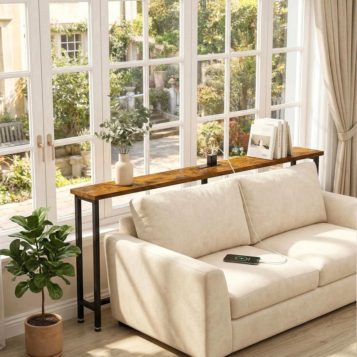 90" Narrow Sofa Table with Outlets (2 AC Outlets & 2 USB Ports), Behind Couch Table with Charging Station, Long Skinny Console Table for Living Room, Entryway and Hallway (Rustic Brown)