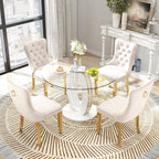 RGZ Modern 39" Clear Glass Round Dining Table Set, 5 PCS Luxury Circle Glass Top Kitchen Table with Gold Decorative Strips & 4 Beige High-end Tufted Chairs for Apartment Home Dining(White Base)