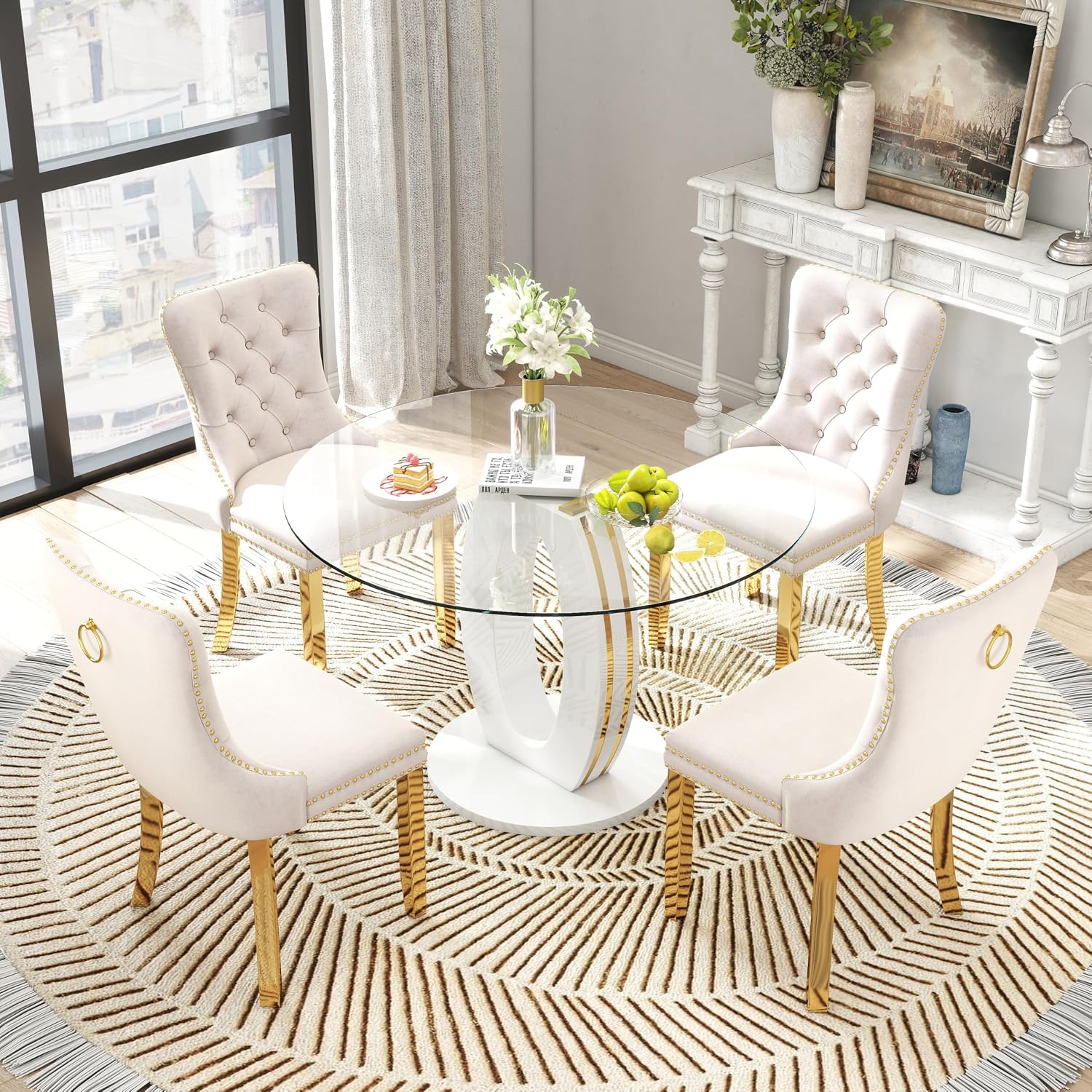 RGZ Modern 39" Clear Glass Round Dining Table Set, 5 PCS Luxury Circle Glass Top Kitchen Table with Gold Decorative Strips & 4 Beige High-end Tufted Chairs for Apartment Home Dining(White Base)