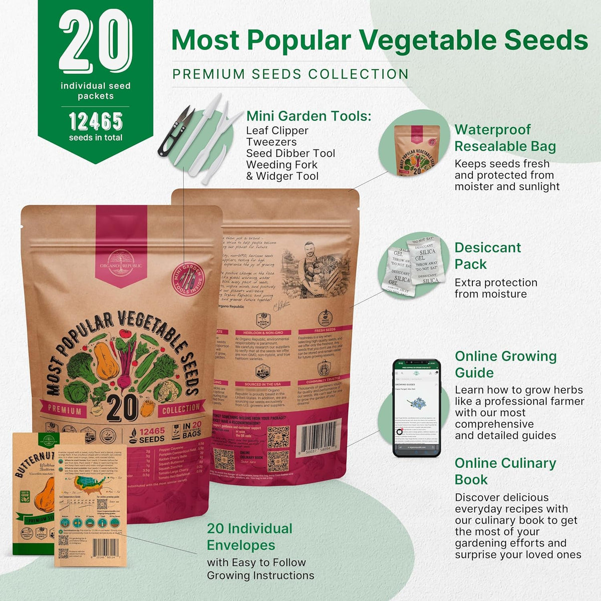 20 Vegetable Seeds Variety Pack - 12,465+ Non-GMO Heirloom Seeds for Planting Vegetables and Fruits in Individual Seed Packets, Home Garden Seed for Hydroponic, Indoor and Outdoors Gardening