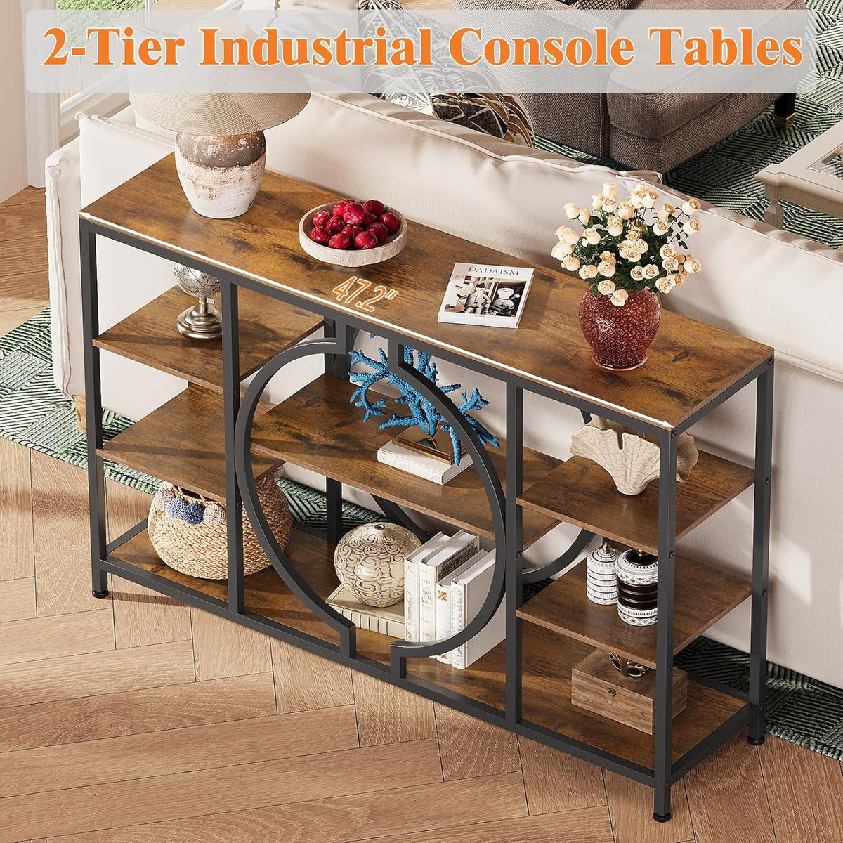 GiftGo 47" Industrial Console Tables for Entryway Rustic Sofa Table Behind Couch 4 Tier Wooden Shelves Entry Table with Storage for Foyer, Hallway, Front Door,Living Room (Rustic Brown, 47")