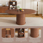 Round Extendable Dining Room Table for 4 6, 47"-59" Oval Expandable Kitchen Table w/Storage Shelf and Drawer, Farmhouse Walnut Space Saving Wood Dinner Tables with Fluted Pedestal Base