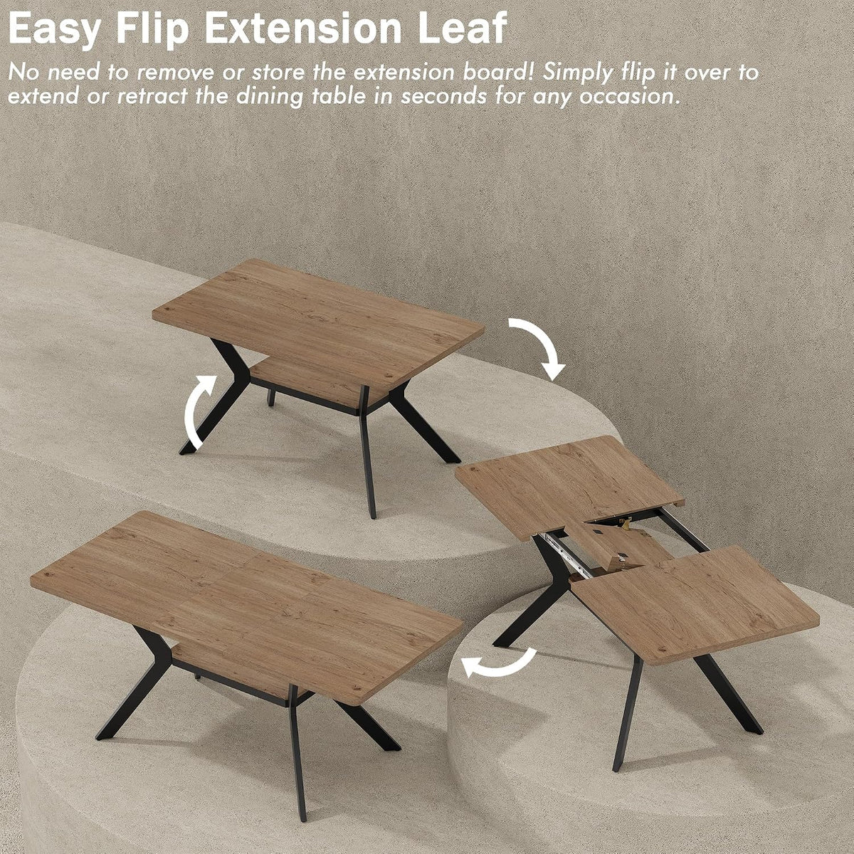 MECHYIN Extendable Dining Table for 4-8, 55-71 in, Storage Shelf, Natural | Flip Leaf Stores Under Top, No-Gap Metal Connectors, Chairs Tuck Under Pedestal Base, Oak Wood-Grain Top, Fits Apartments