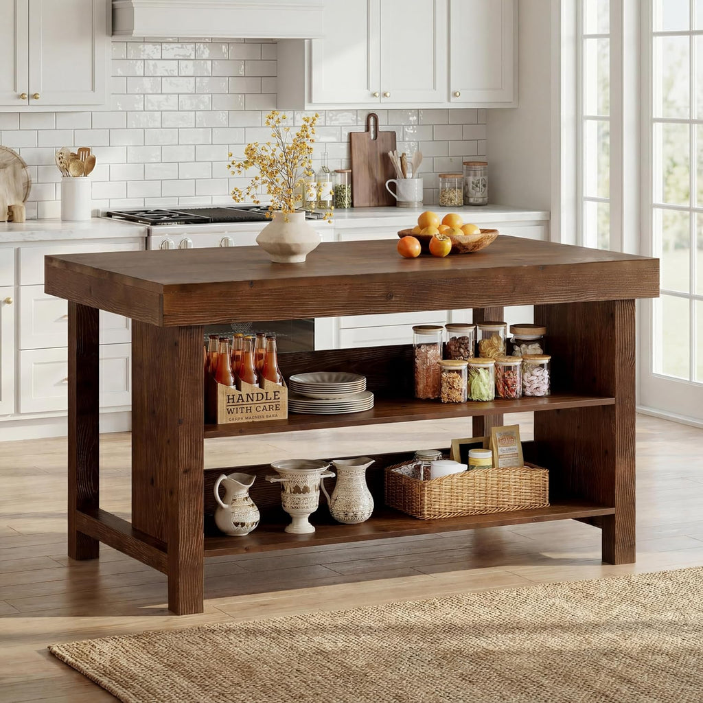 55" Solid Wood Kitchen Island with Storage, Farmhouse Kitchen Island Table with 3-Tier Open Shelves and Large Countertop for Kitchen, Dining & Living Room, Walnut
