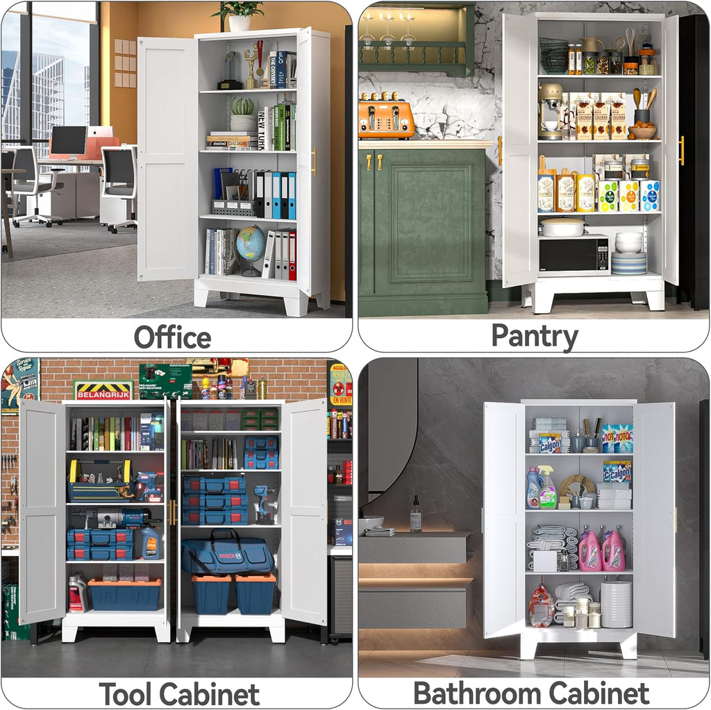 Metal Storage Cabinet with Doors and Shelves, 61" Tall Kitchen Pantry Storage Cabinet for Food, Large Freestanding Pantry Closet for Kitchen, Dining Room, Living Room (White)