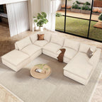 Vesgantti 7 Seater Plush Corduroy Couch, 141.7" Large Sofa, Beige | Oversized Modular Sectional Couch with Chaise & Ottoman, Deep Seat Cloud Sofa for Living Room, No Assembly Compressed Sofa