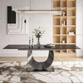 Modern Expandable Dining Table 62.99" to 94.48", 6-10" Marble Look Sintered Stone Rectangular Dining Table with Black Carbon Steel Crescent Legs, Save Dining Room Kitchen Space (Knight Black)