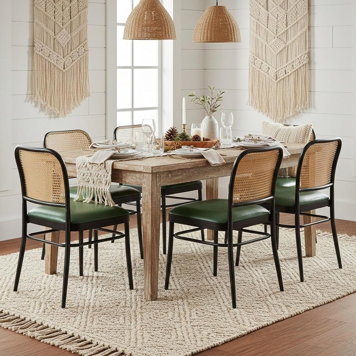 Rattan Dining Chairs Set of 4, Mid-Century Modern, Green | Cane Back Design, Faux Leather Upholstery, Boho Style, Comfortable Padded Seat, 350 LBS Weight Capacity