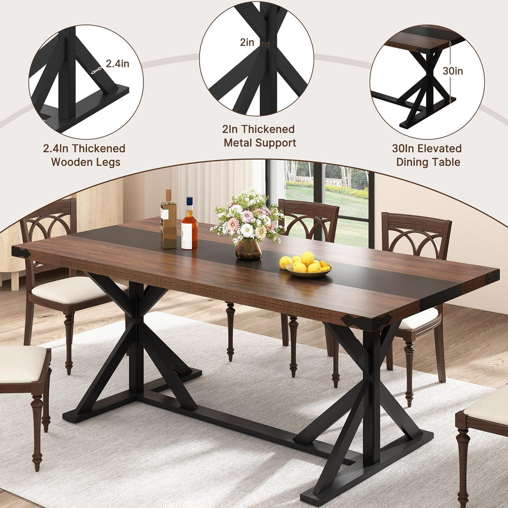 Hlivelood 71 Inch Dining Table for 6 People, Rectangular Kitchen Farmhouse Table W/Thickness Waterproof Wood Tabletop,Long Dining Room Tables W/Wood Strip Base for Kitchen Living Room(Brown&Black)